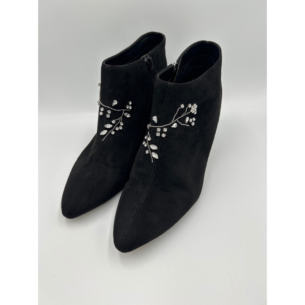 Nanette Lepore Nadine Black Rhinestone Floral Suede Kitten Heel Booties Size 9M‎